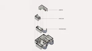 A 3D perspective of a modern residential floor plan highlighting the layout of the children's activity area, kitchen/breakfas