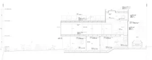 Detailed 2D architectural drawing of a modern residential floor plan featuring steel beams, glass walls, and concrete structu