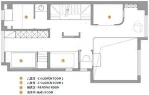Floor plan layout of a children's room featuring storage, beds, and play areas.