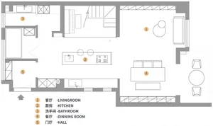 Modern apartment layout featuring a neutral color palette, featuring living room, kitchen, bathroom, dining room, and entry h