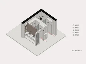 A 3D rendering of a modern bathroom with concrete walls and floors.