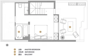 A floor plan of a residential space showing the layout of a master bedroom, bathroom, and balcony.
