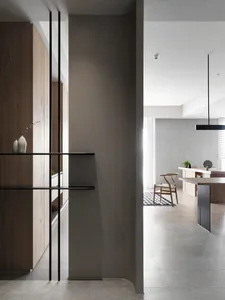 Modern kitchen featuring concrete and wooden furniture.