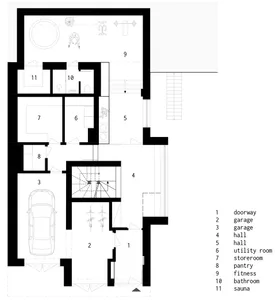 A modern house plan with a garage, featuring mixed materials and architectural details.