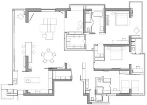Floor plan of a modern minimalist apartment with open living space, two bedrooms, and a kitchen.