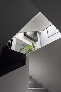 A modern interior space featuring a concrete staircase with a plant in the background.