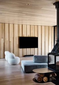 A modern living room featuring wood-paneled walls, a fabric sofa, and a metal fireplace.