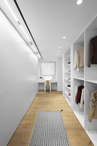Modern minimalist closet with white materials and clothing storage