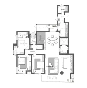 Modern residential interior blueprint depicting a contemporary apartment layout with neutral colors and wood paneling.