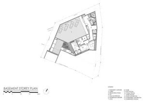 2D architectural drawing of a basement storey plan with labeled spaces and furniture arrangement.