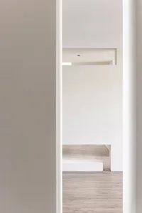 Minimalist modern interior with a white concrete staircase and light wooden flooring.