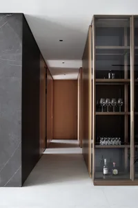 Modern minimalist residential interior featuring black, white, and grey color palette with wood accents.