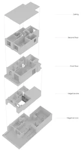 An architectural representation of a modern residential floor plan featuring concrete elements.