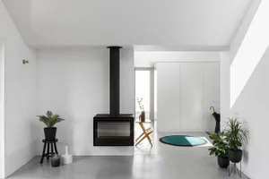 A minimalist modern living space with concrete walls and floor, featuring a black fireplace and green indoor plants.