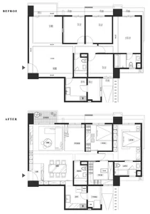Architectural plans comparing a before and after renovation in a residential apartment.