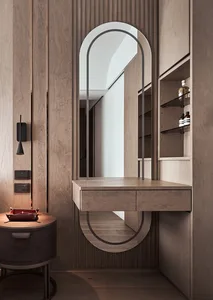 Modern minimalist dressing table with wood finish, featuring an oval mirror and a floating desk designed to enhance functiona