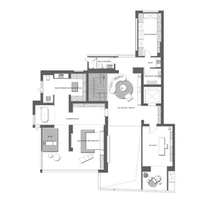 Floor plan of a modern residential interior with open layout, minimalist design, and functional spaces.