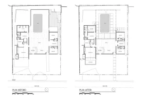 Floor plans of a residential interior design showing the layout of rooms and spaces.