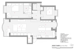 A minimalist residential floor plan with labeled rooms for porch, open kitchen, dining room, living room, guest bedroom, mast