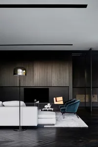 Modern living room with minimalist design, featuring dark wood walls, leather furniture, and metal accents.
