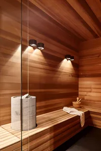 Modern industrial spa interior with wooden elements