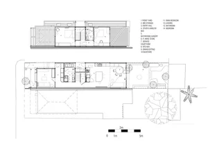 Modern residential floor plan with multiple rooms and outdoor spaces.