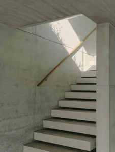 A minimalist staircase made of concrete with a wooden handrail, illuminated by natural light.