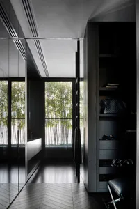 Modern black closet with glass cabinets and bamboo exterior
