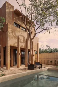 Modern house exterior with concrete walls and a tree in the yard.
