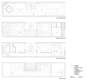 A detailed architectural floor plan of a modern interior design showcasing various rooms and spaces.