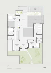 Detailed architectural drawing of a minimalist residential floor plan featuring concrete, glass, and wood materials.