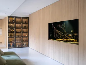 Modern living room featuring minimalist design with wooden furniture and wall-mounted tank.