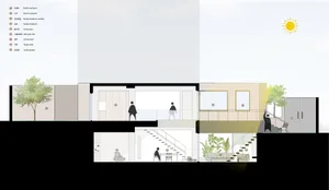 A detailed illustration of modern interior design with various functional spaces.