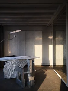Modern, minimalist private office with a marble desk and concrete walls, illuminated by natural light.