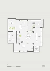 Floor plan of a modern minimalist living room with neutral tones, open layout, and functional zones.