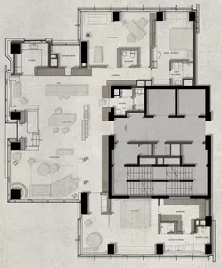 2D architectural drawing of a modern residential floor plan, including living room, dining room, kitchen, bedrooms, and bathr