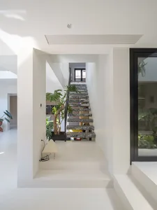 A minimalist staircase with marble steps and black railings, surrounded by white walls and plants.