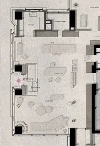 Modern floor plan featuring living room, dining room, kitchen, equipment room, and study room.