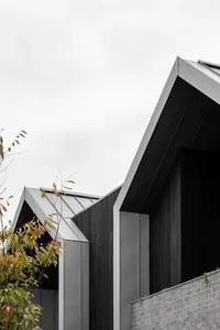 Modern building exterior with black metal panels