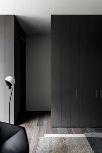A modern minimalist living room featuring dark wood flooring, black metal and wood cabinets, and a white rug.