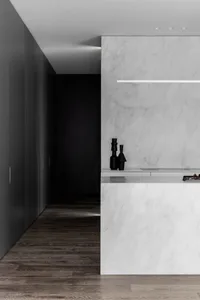 Modern minimalist kitchen with marble countertops and white marble backsplash