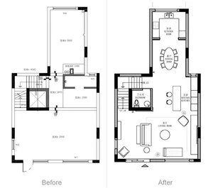Before-and-after comparison of a two-story architectural floor plan