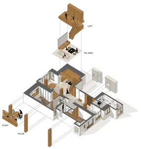 Floor plan of a modern apartment featuring contemporary furniture and a loft space.