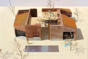 A minimalist modern floor plan illustration featuring a house with a metal roof and open interior spaces.