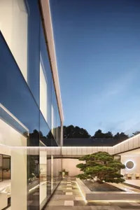 A glass-walled interior space with a single pine tree on a gravel bed.