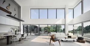 Modern living room featuring glass walls, stone accents, and metal furniture.