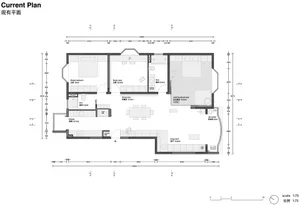 A detailed architectural floor plan depicting a modern living space, including bedrooms, dining area, kitchen, and living roo