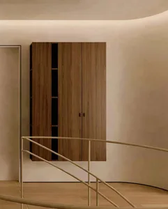 A minimalist wooden cabinet with a sleek, modern design.