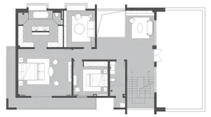 A technical line drawing of a modern residential floor plan