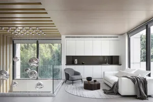 Modern residential interior design featuring concrete and glass materials